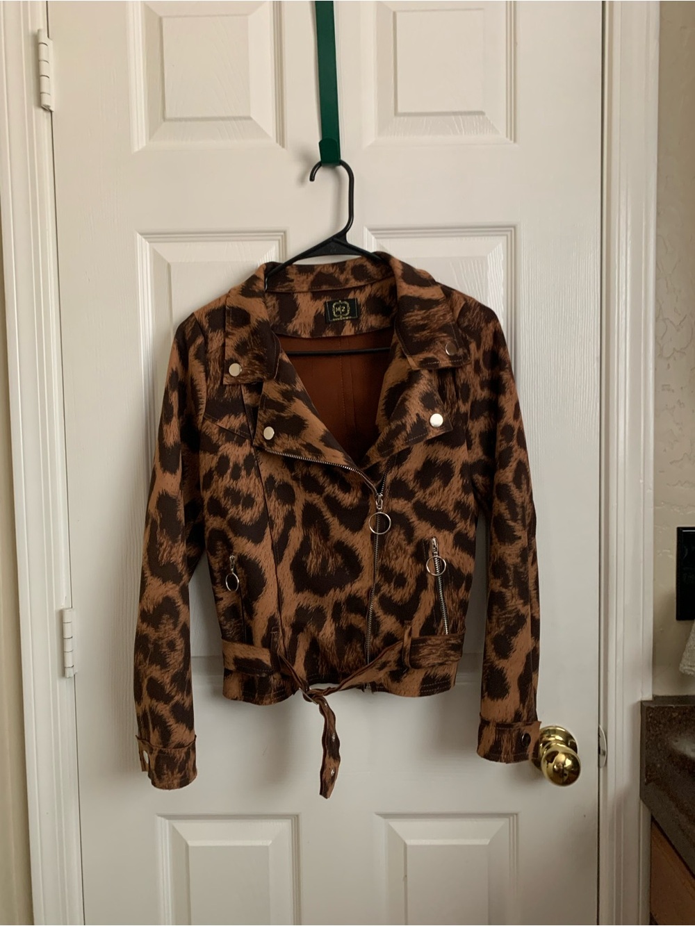 Leopard Print Tie-Hem Moto Jacket - Brown